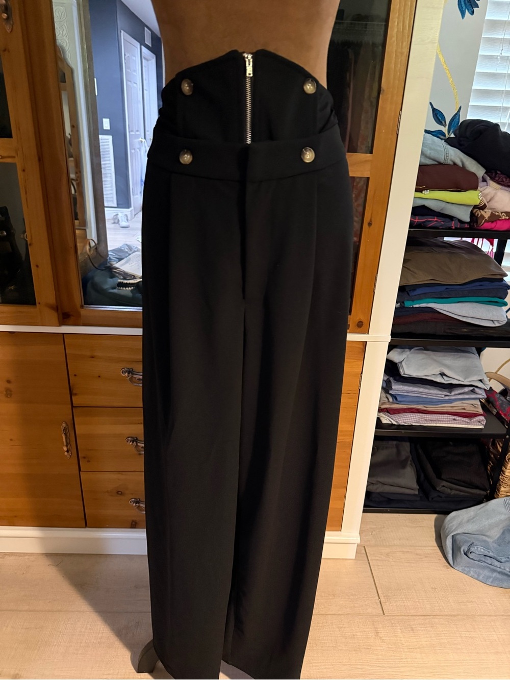 SHEIN Black High-Waist Wide-Leg Trousers with Decorative Buttons
